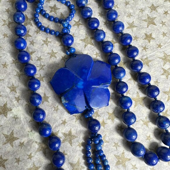 NEW Long Lapis Necklace with a Carved Flower Accent - Picture 5 of 7